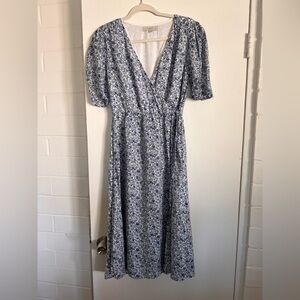 LOFT Blue Floral Print midi wrap dress